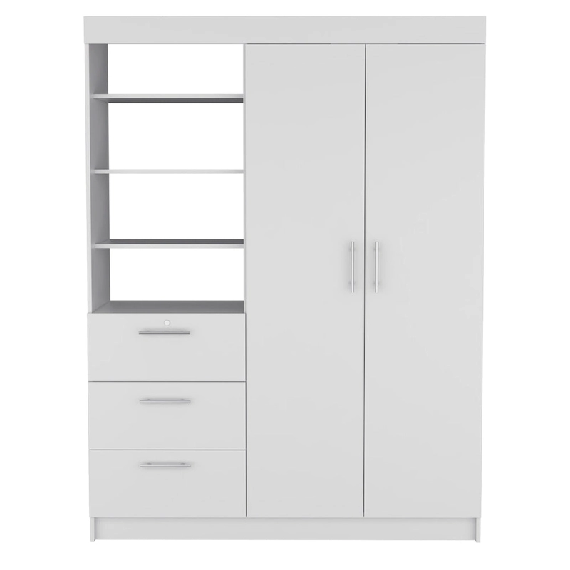 Kenya 3-Drawer Armoire with 3 Upper Shelves, 2 Hangers, Metal Handles, White - N/A