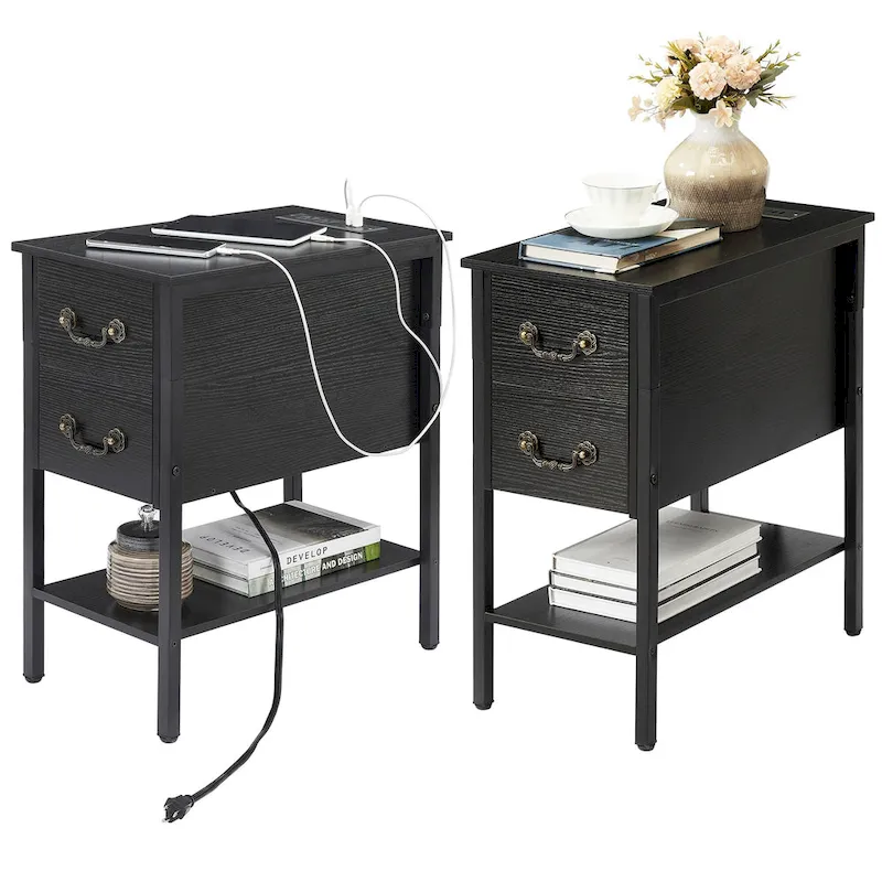 Set of 2 Nightstand with Charging Station, 2 USB Port & 2 Power Outlets, Tall End/Side Table with 2-Drawer and Storage Shelf