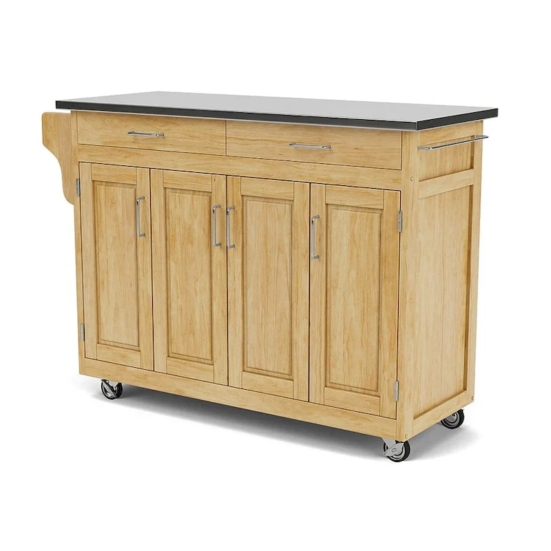 Natural Wood Mobile Kitchen Cart with Stainless Steel Top