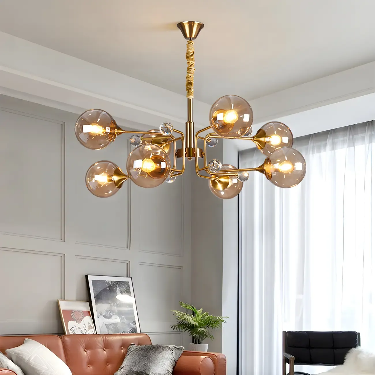 8-Light Mid-Century Modern Glass Globe Chandelier