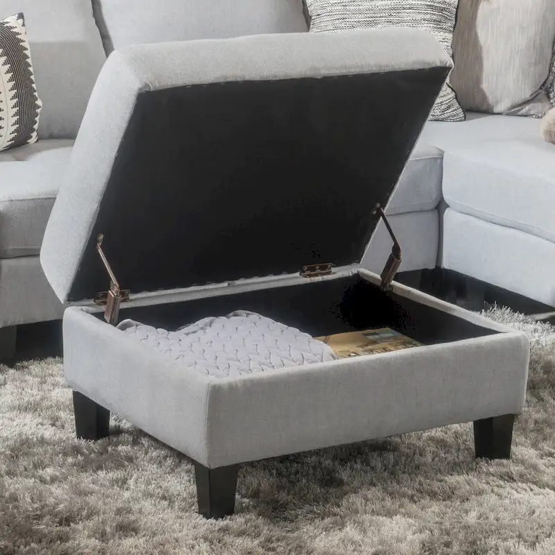 Contemporary Tufted Waffle Stitch Storage Ottoman with Birch Legs