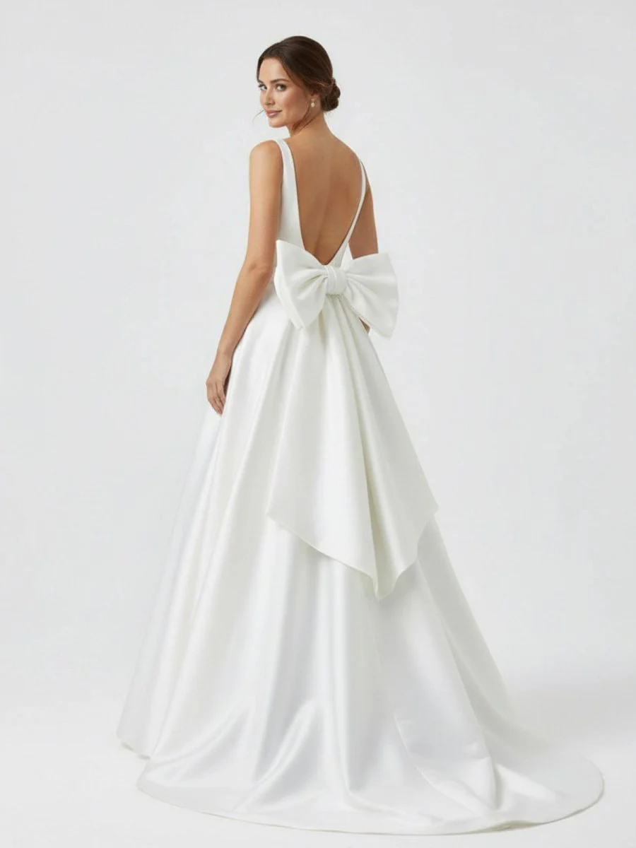 Ivory A-Line Deep V-Neck Long Wedding Dress with Bowknot