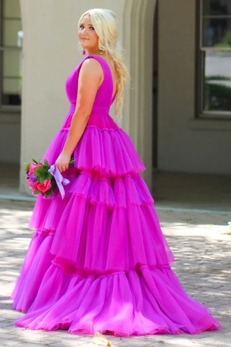 A-Line V Neck Tiered Tulle Prom Dress