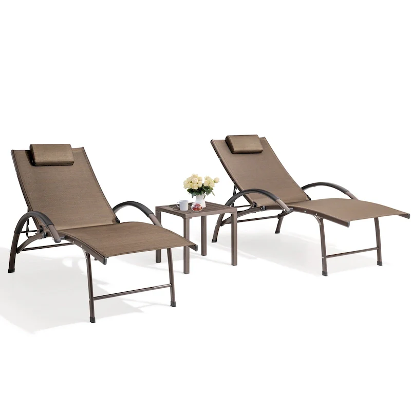 3-piece Outdoor Folding Adjustable Reclining Chaise Lounge Chairs with Side Table
