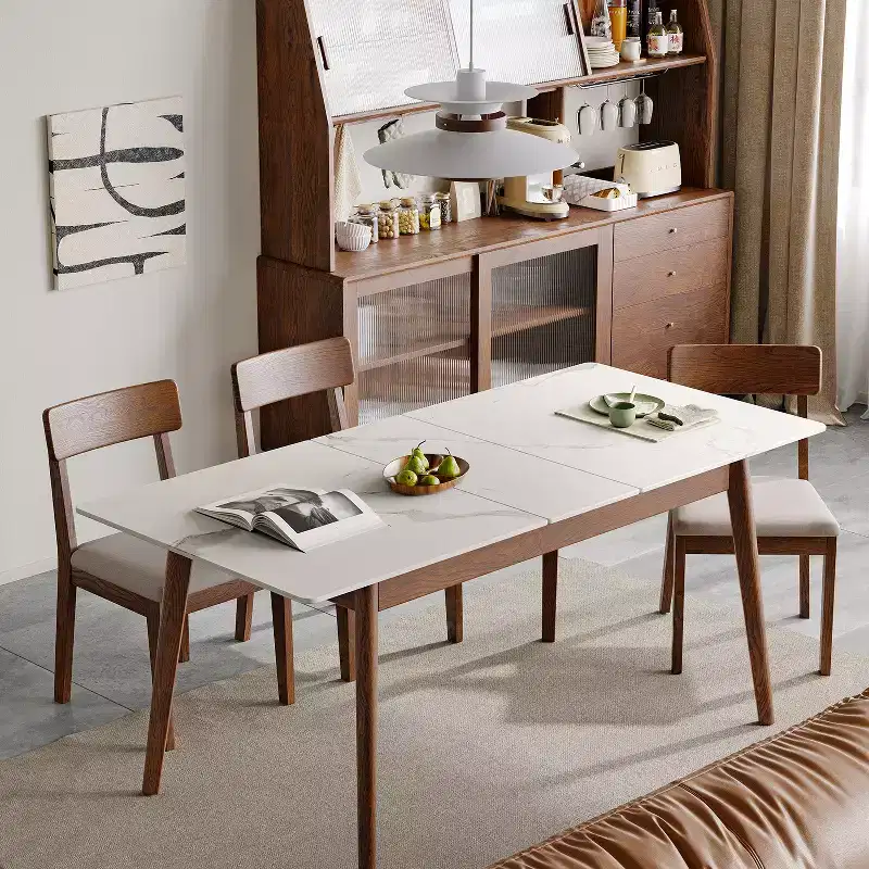 GDFStudio Calla Modern Oak Wood Rectangular Extendable Dining Table with Rounded Corner Tabletop and Diagonal Leg