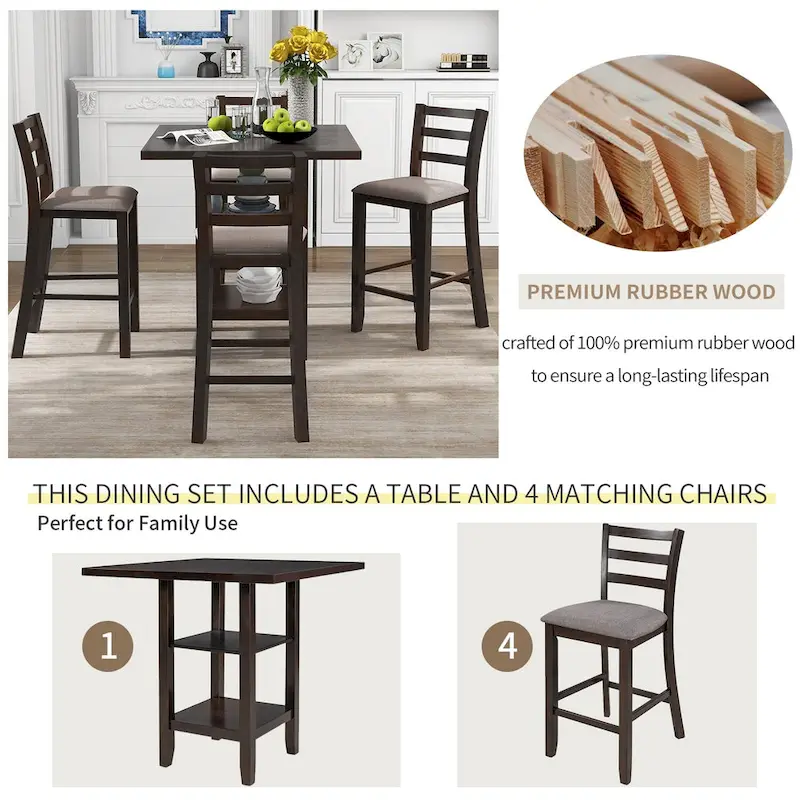 5-Piece Counter Height Wooden Dining Table Set with 4 Chairs & Shelf