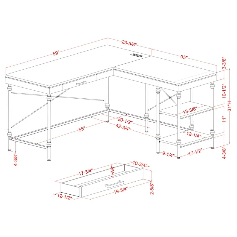 Haley Farmhouse 59-inch Metal L-Shaped Computer Desk with USBs by Furniture of America