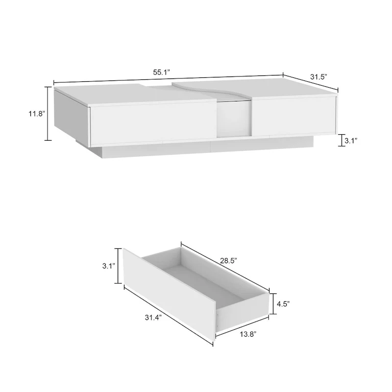 White Modern Coffee Table with Glass Top and LED Lights