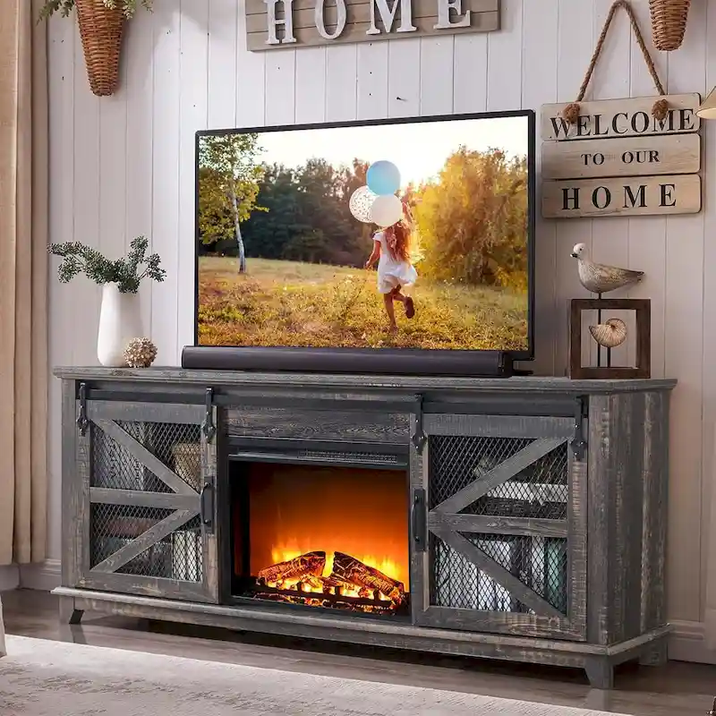 White Farmhouse TV Stand with Electric Fireplace