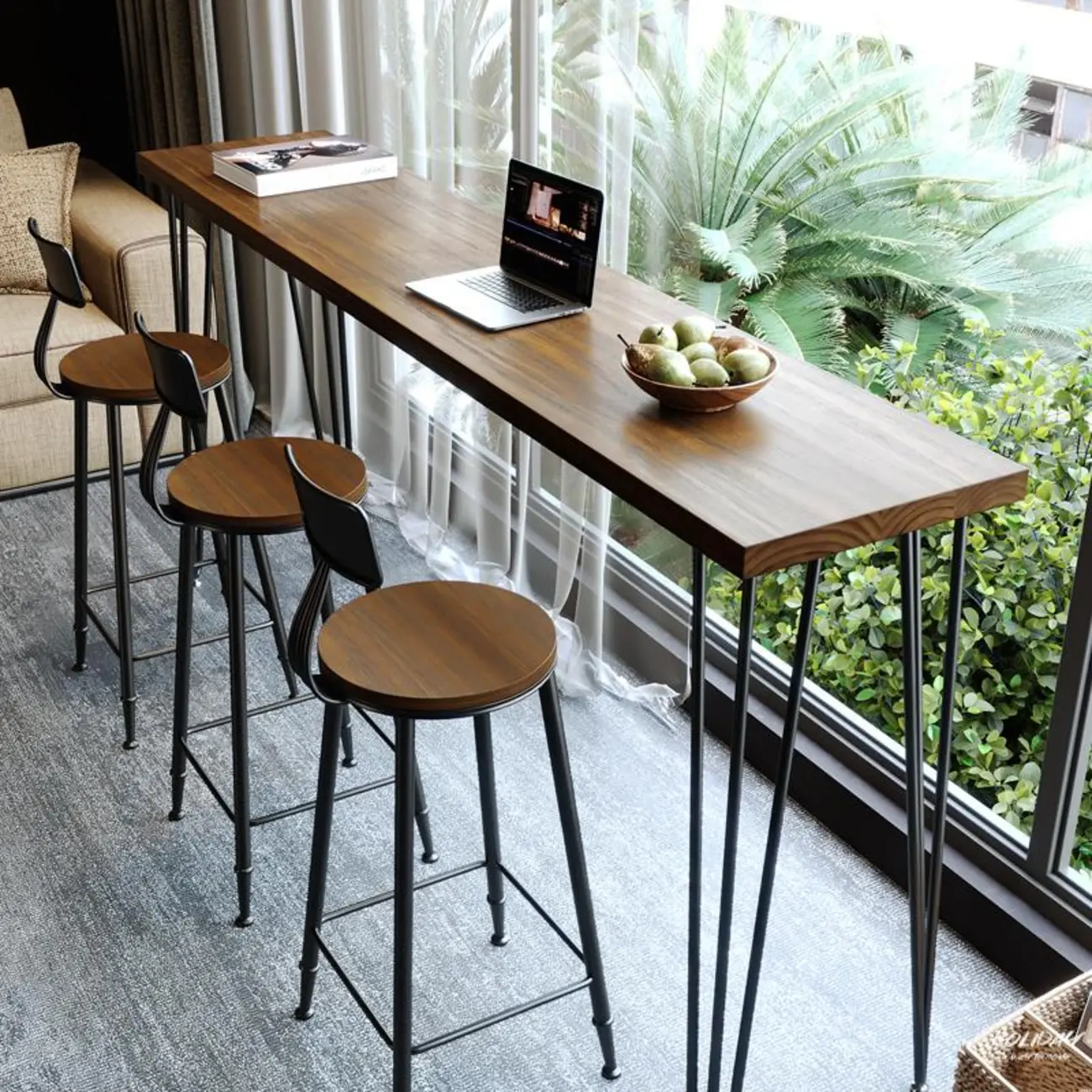 Modern brown wood and metal bar table