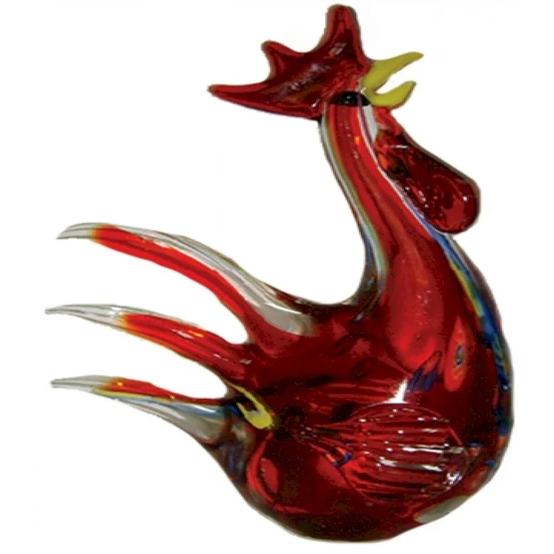 Red With Red And Clear Tail Feathers Glass Rooster Figurine