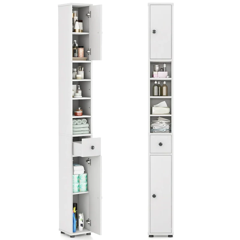 White Painted Tall Slim Storage Cabinet with Drawer, Single