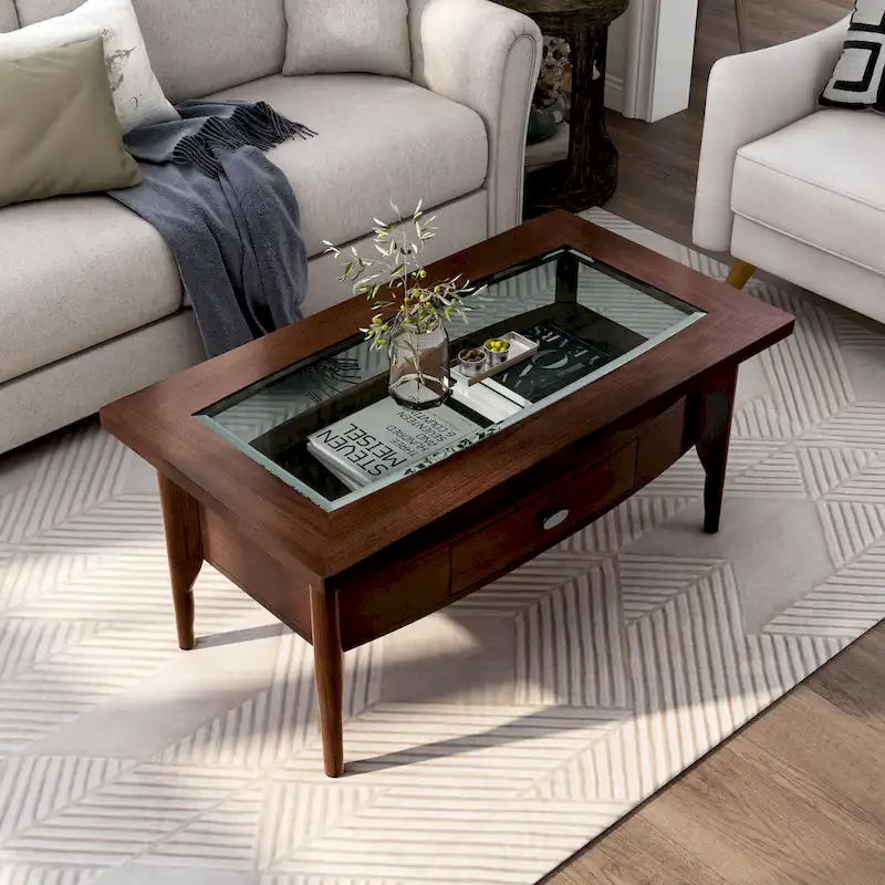 Traditional walnut 44-inch single-drawer glass coffee table