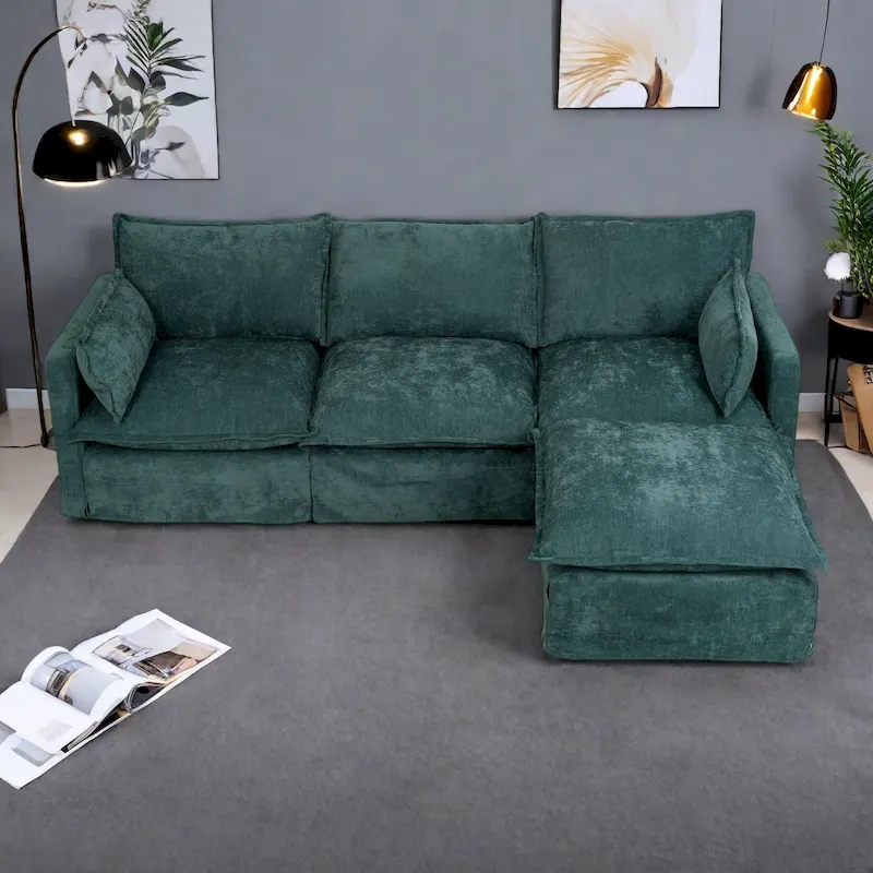 93.31  Faux Linen Modular Sectional Sofa with Movable Ottoman, Solid Wood Frame, and High-Resilience Foam Cushions