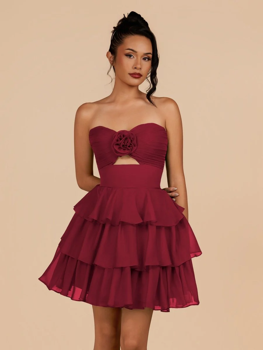Burgundy - Strapless A Line Chiffon Ruffles Homecoming Dresses With Flower