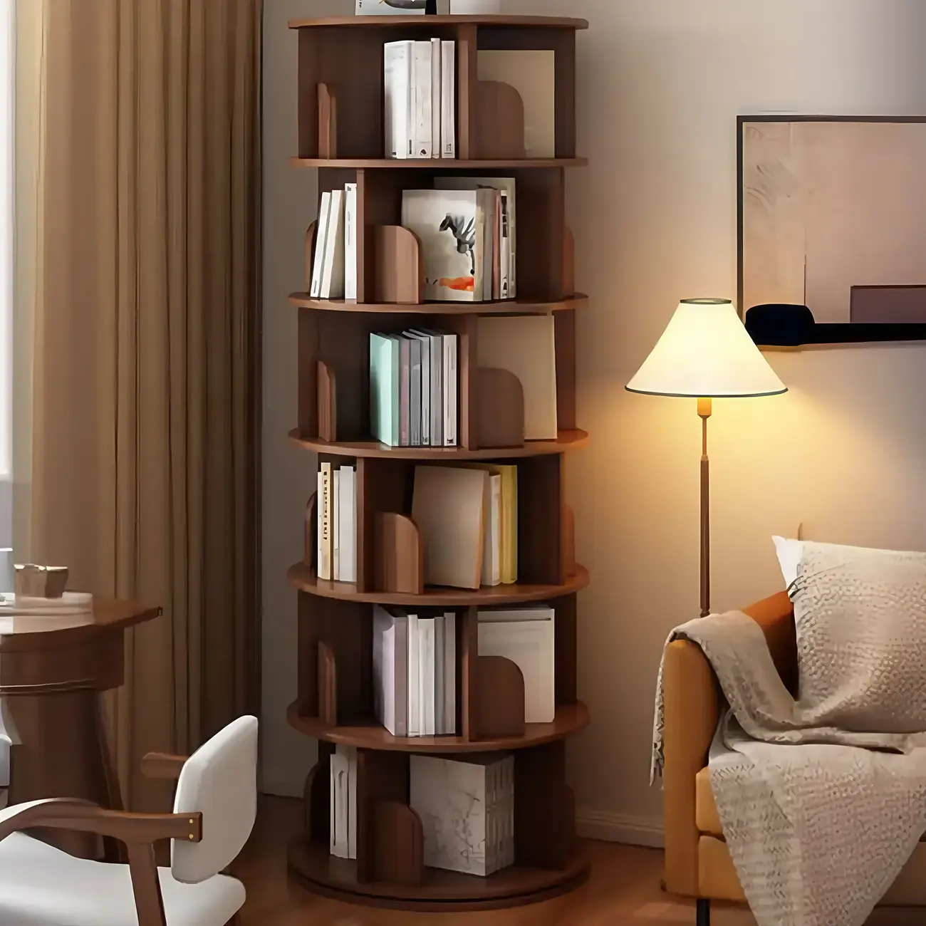 Brown Cylindrical Wooden Rotating Open-Back Bookcase