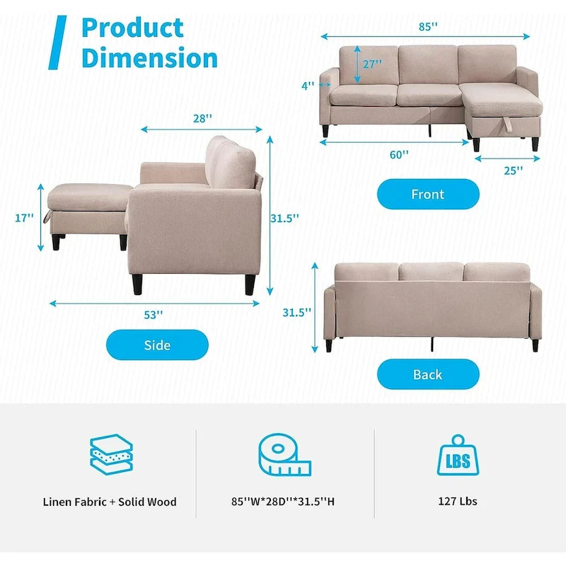Mixoy Convertible Sectional Sofa with Storage Ottoman, Reversible Chaise