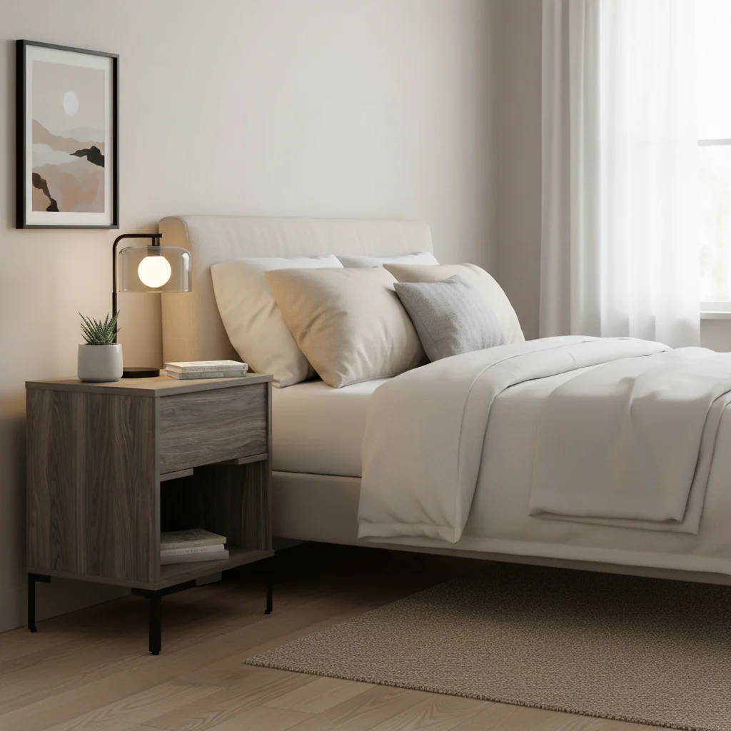 Weathered Oak Nightstand with Drawer and Open Shelf