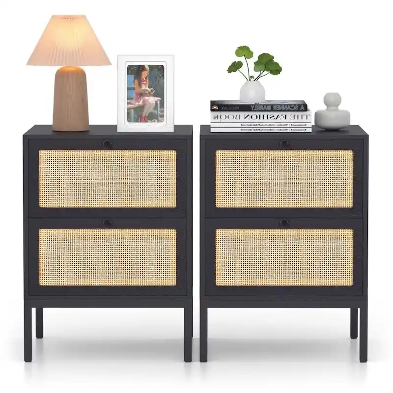 Black / Nature Rattan Nightstand with Drawer, Boho Style, 1-2 Person Use