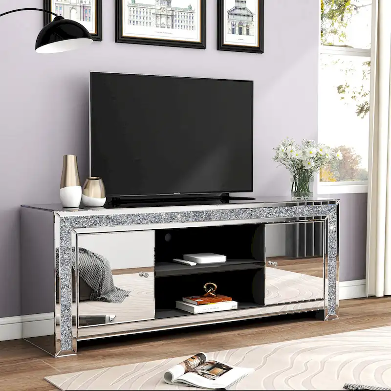 59  Media Console Mirrored Diamond Tv Stand