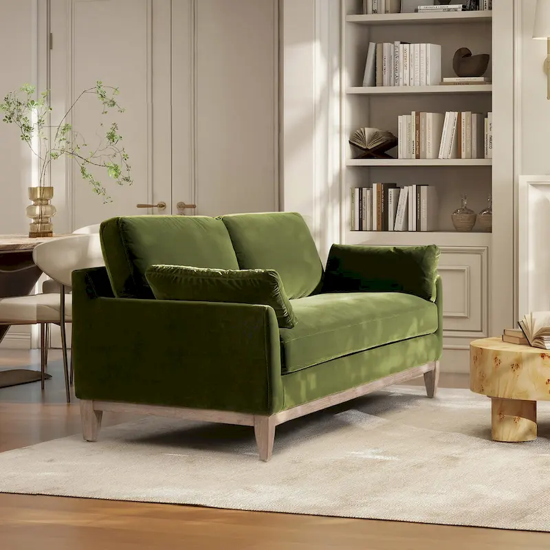 Velvet Sofa with Loose Pillow-Back and Wood Base - 75.5 Inch