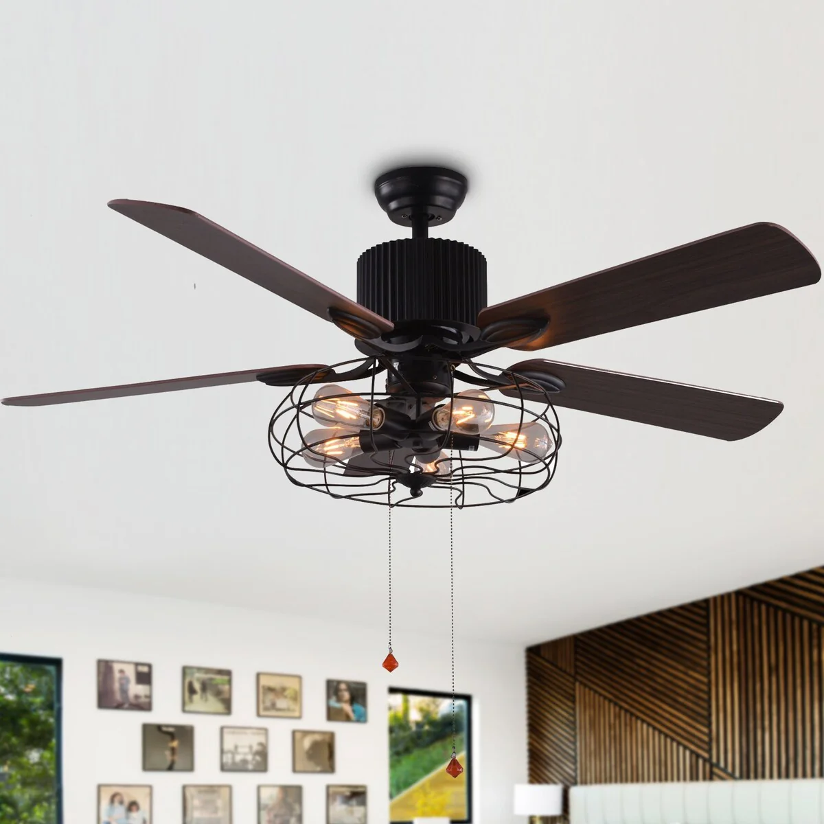 CurveCurio Farmhouse Industrial 5-Light Black Cage Ceiling Fan with Light, Remote Control and Pull Chain 42-48-52 inches