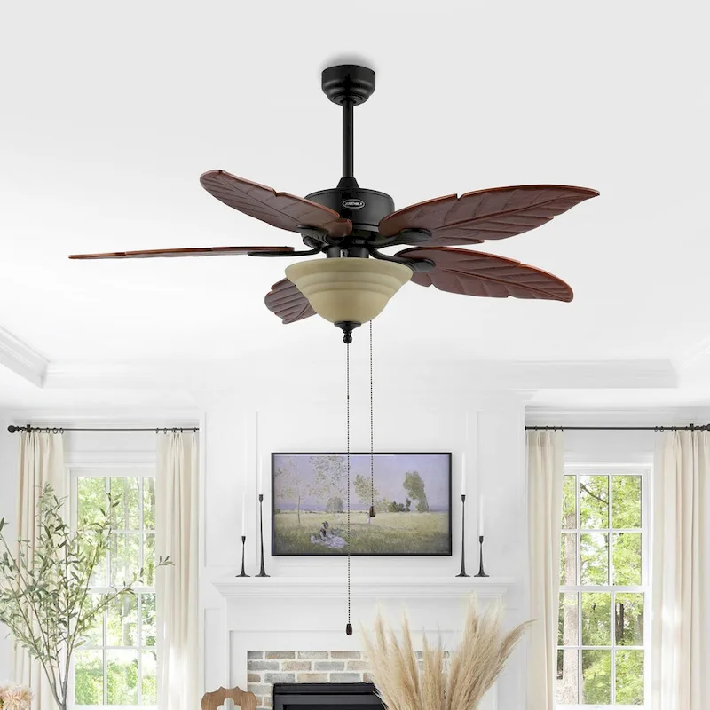 Owen 52  3-Light Coastal Bohemian Iron/Wood Palm Leaf LED Ceiling Fan with Pull Chain, by JONATHAN Y