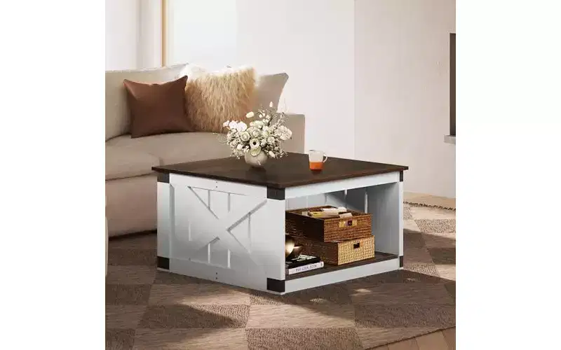 DEXYLLO Coffee Table, Farmhouse Coffee Table with Open Storage, 31.5 Wood Square Living Room Tables