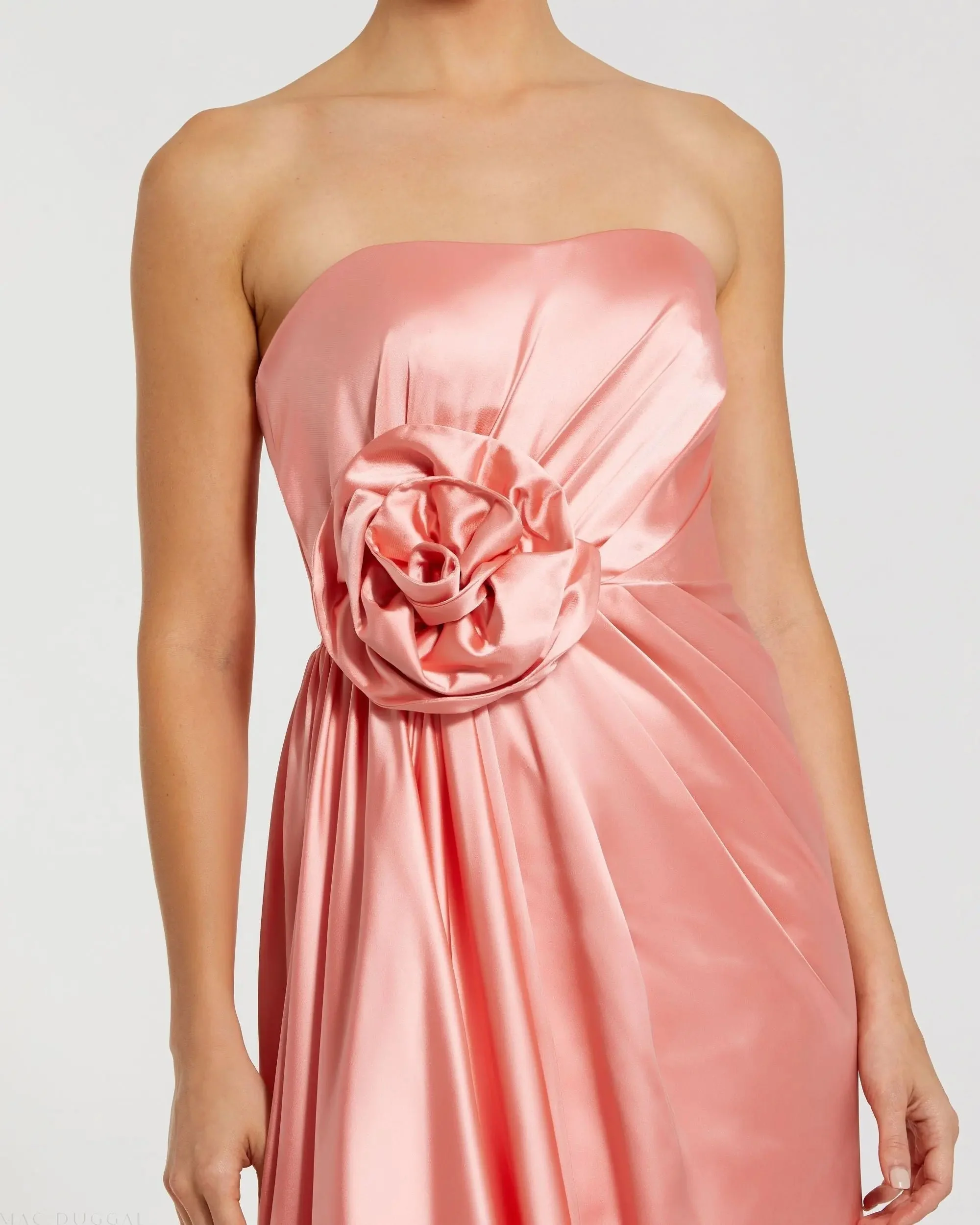 Pink Strapless Satin Gown With 3D Flower