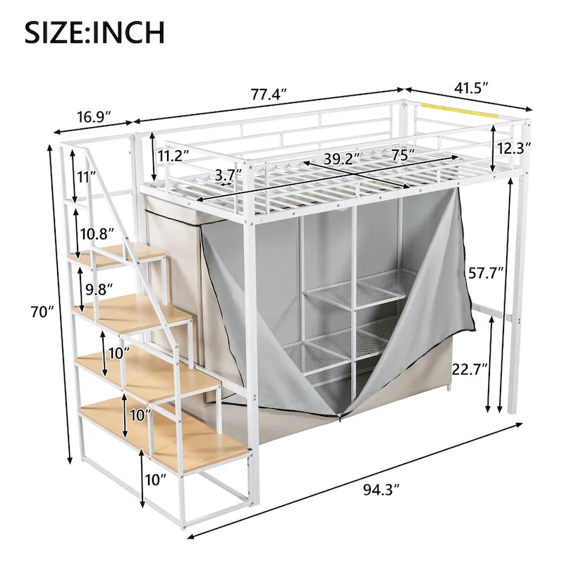 White Twin Size Metal Loft Bed with Wardrobe and Storage Shelves for Kids, Boys and Girls, Bedroom