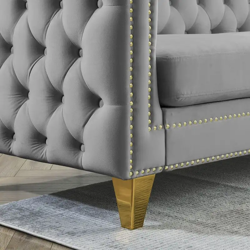 Velvet Upholstered 3 Seat Sofa,  Tufted Square Arm Sofa with Nailheads and Metal Legs