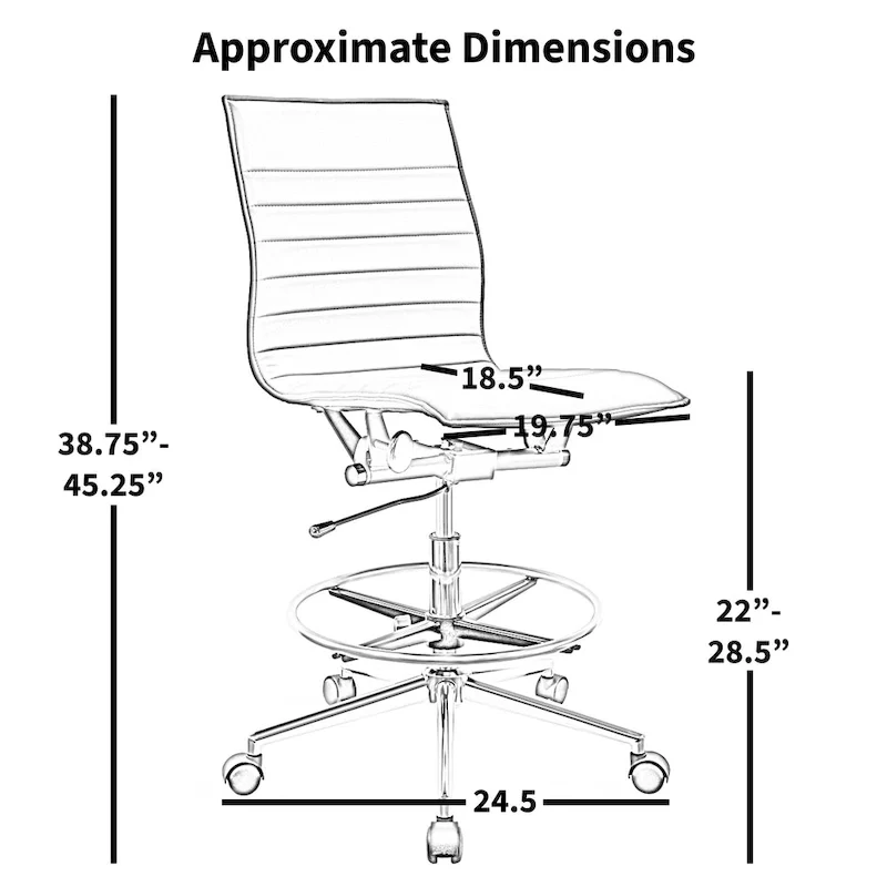 Modern Drafting Chair Upholstered PU Leather Ribbed Armless Mid Back with Tall Adjustable Base & Leg Rest