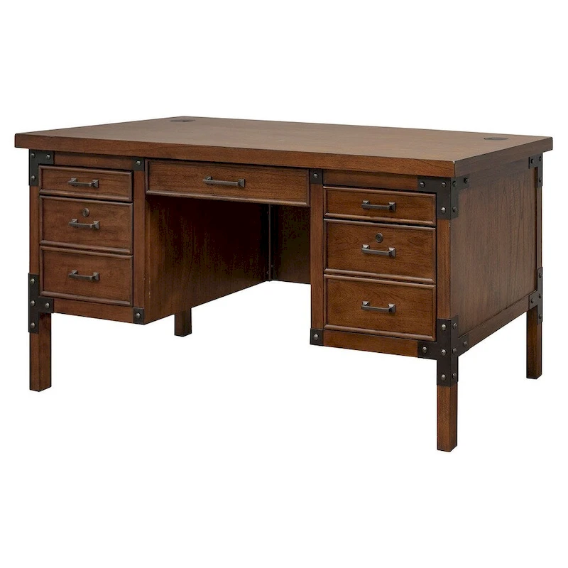 Addison Rustic Half Pedestal Executive Desk, Writing Table, Office Desk, Brown
