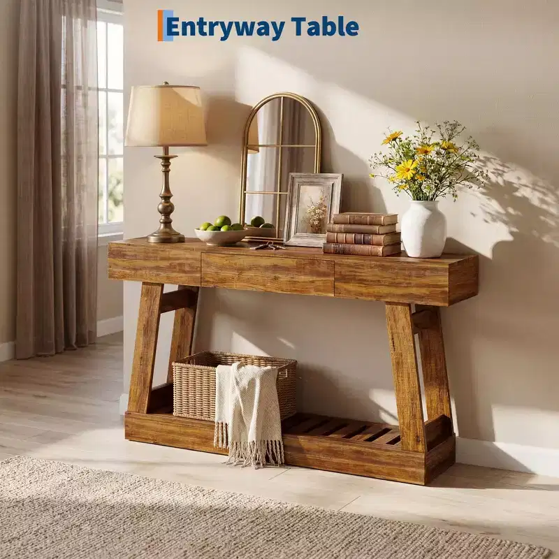 60''Farmhouse Narrow Console Table with Drawer,Wooden Sofa Side Table with Bottom Storage Shelf, for Living Room, Hallway, Behind Couch