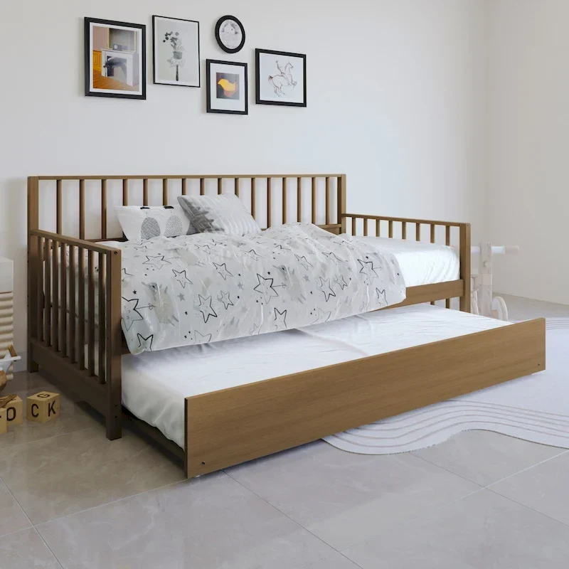 Vintage Wood Twin Daybed with Trundle – Light Oak / Black / Walnut / White / Antique Grey, Sleeps 2