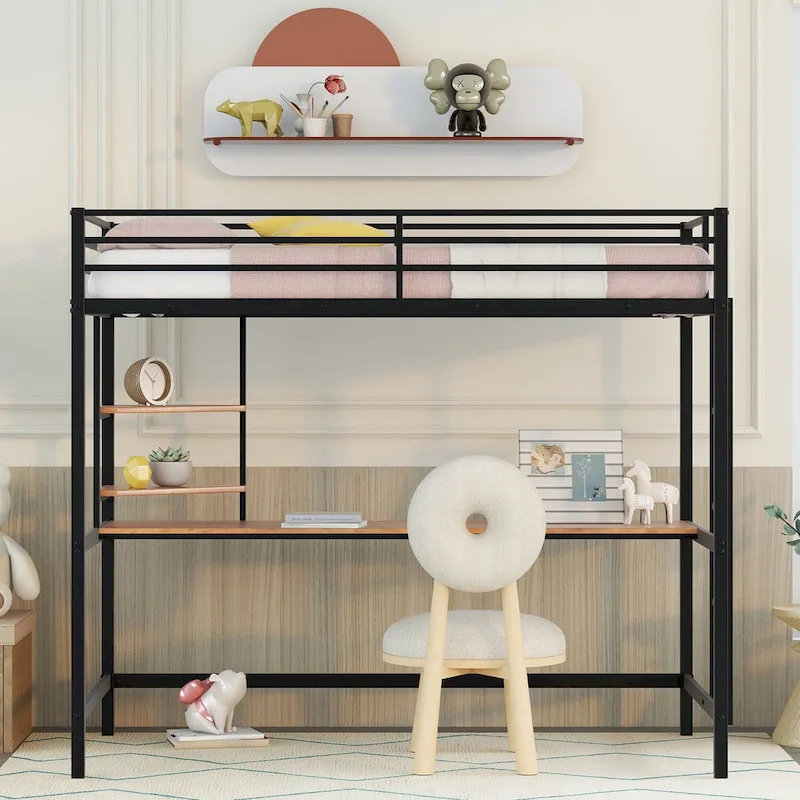 Black Twin Size Metal Loft Bed with Desk, Ladder, and Shelves for Kids