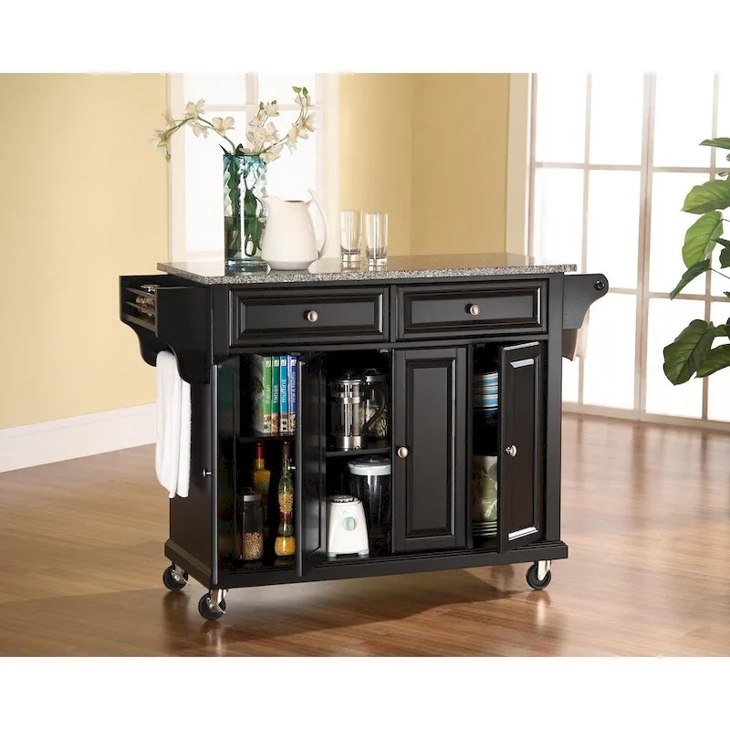 Black Solid Granite Top Kitchen Cart/Island - 18d x 51.5w x 36h
