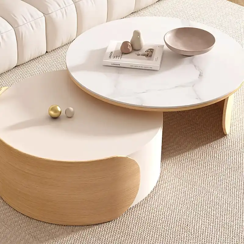 Modern Round Coffee table, Stone Table-top, Natural Wood - 50 x 31.5