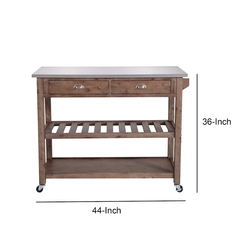 2 Drawers Wooden Kitchen Cart with Metal Top and Casters, Gray and Brown