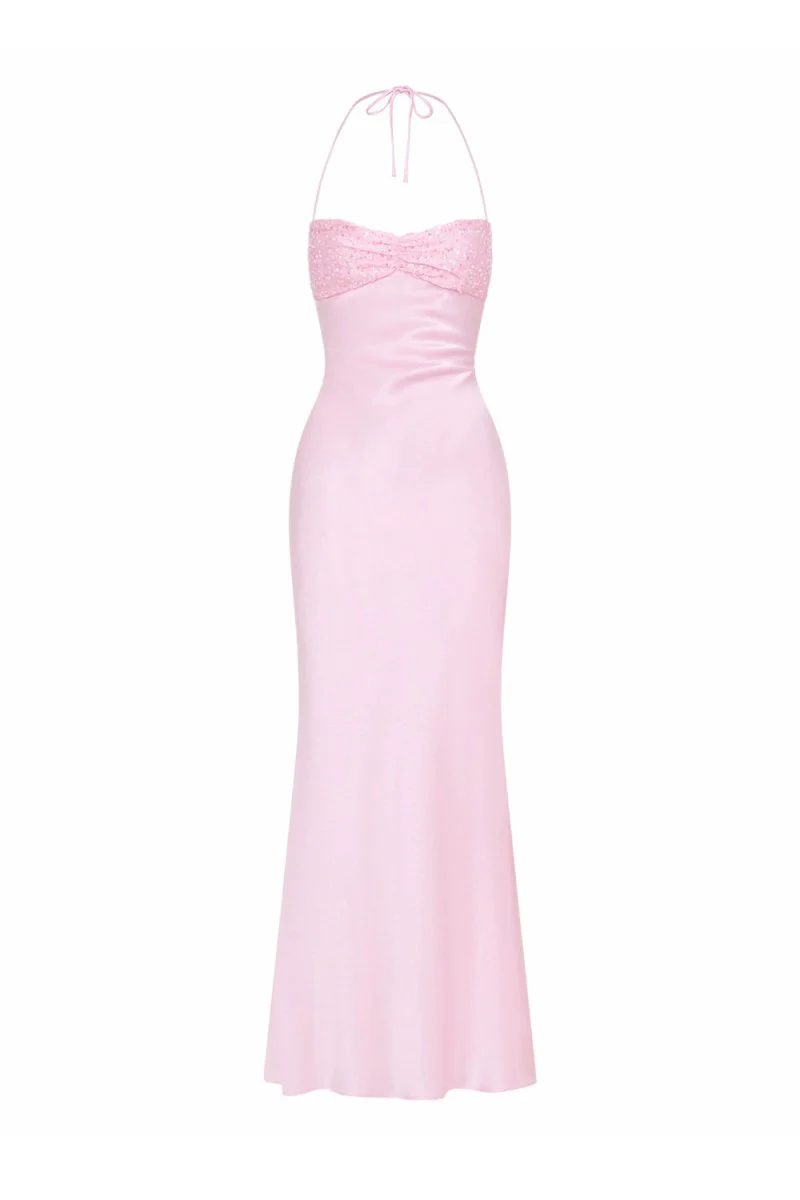 Pink - Halter Sheath Satin Long Prom Dresses With Sequins