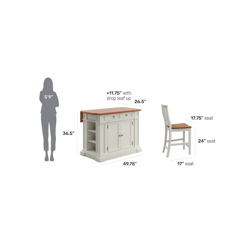 Homestyles Americana Distressed Off-White Oak Kitchen Island Set with Two Counter Stools