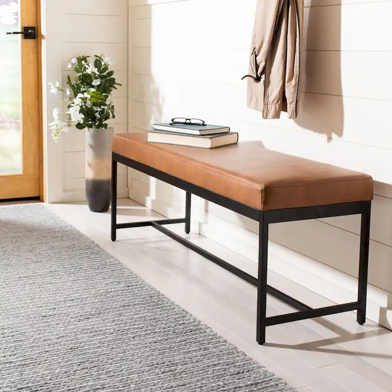 Brown Faux Leather Bench with Metal Legs