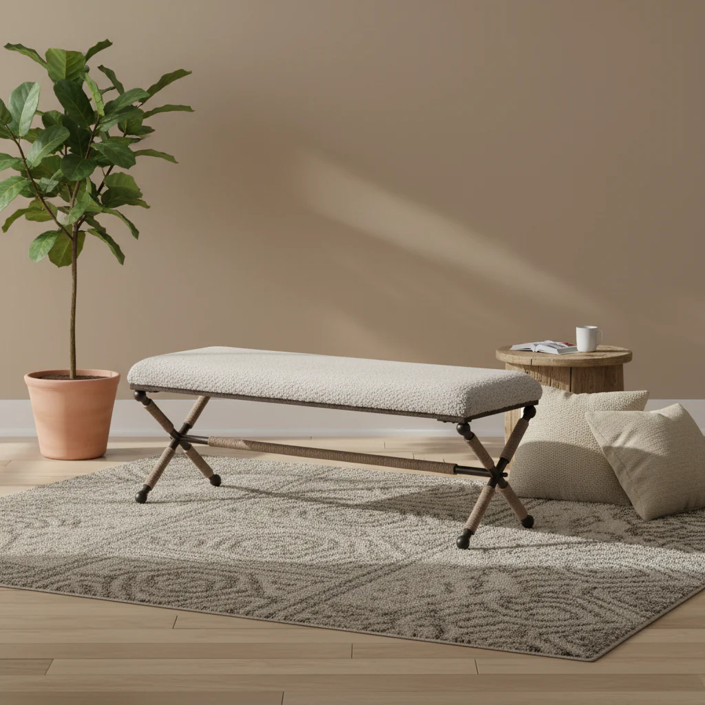 Ivory Upholstered Boucl Double Bench