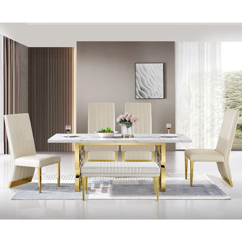 Luxury White Faux Marble Dining Table with 78 inch Top and Metal Base