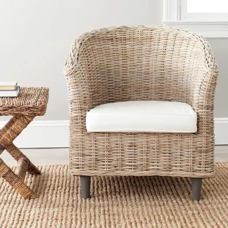 SAFAVIEH Charla Rattan Barrel Chair with Cushion - 29.1 x 27.2 x 32.7 - 29Wx27Dx33H