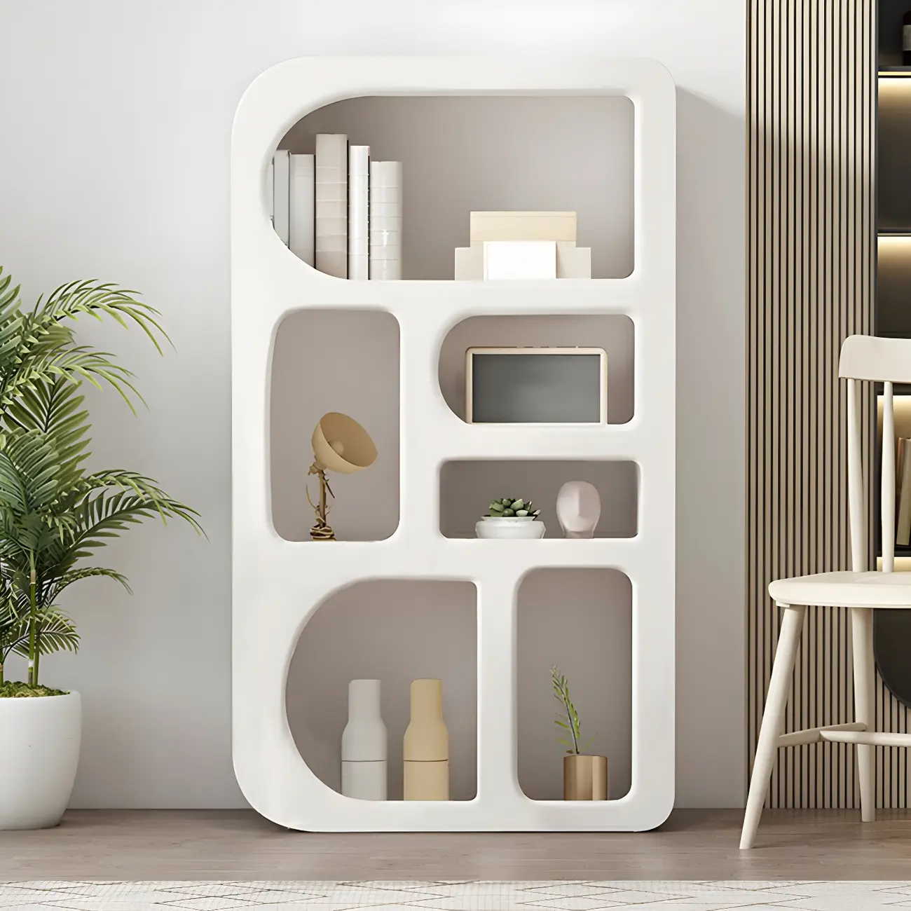 White Wood Open Storage Multi-Shelf Display Cabinet