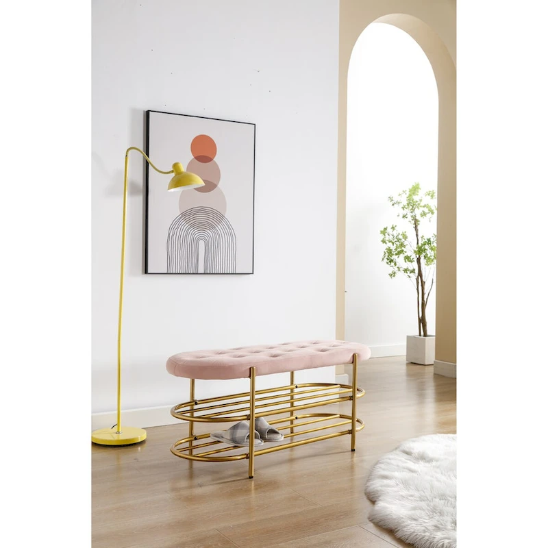 Velvet Home Storage Soft Bag Cushion Iron Art Shoe Changing Round Bench