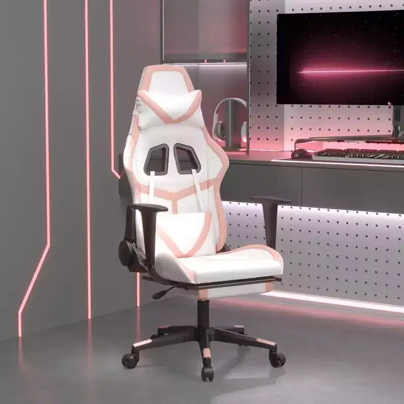 vidaXL Gaming Chair with Footrest, White and Pink, Faux Leather