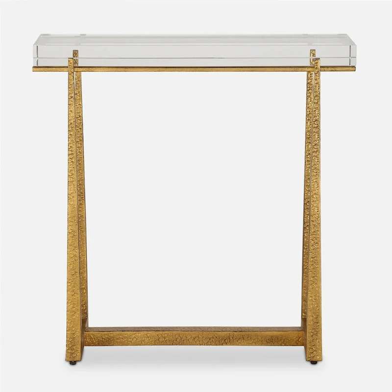 Thick Crystal Top End Accent Table - 24 - Antique Gold