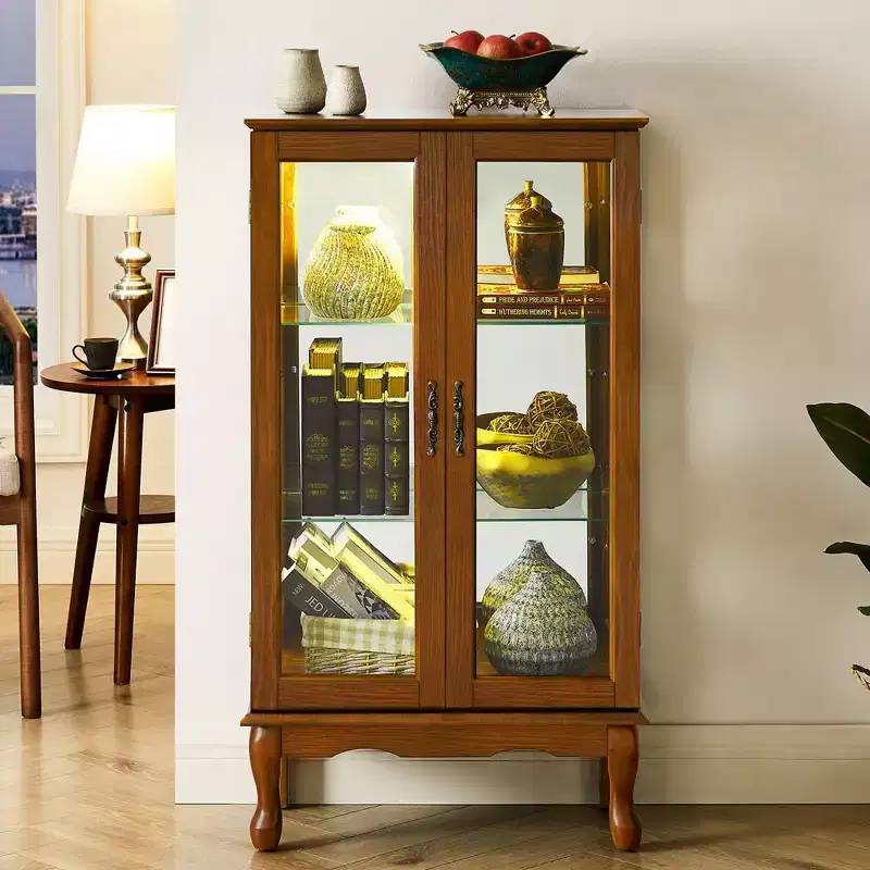 Okak Curio Cabinet with 2 Tempered Glass Doors, Diapaly Cabinet with 3 Adjustable Shelves and Mirrored Back Panel, Cabinet for Living Room